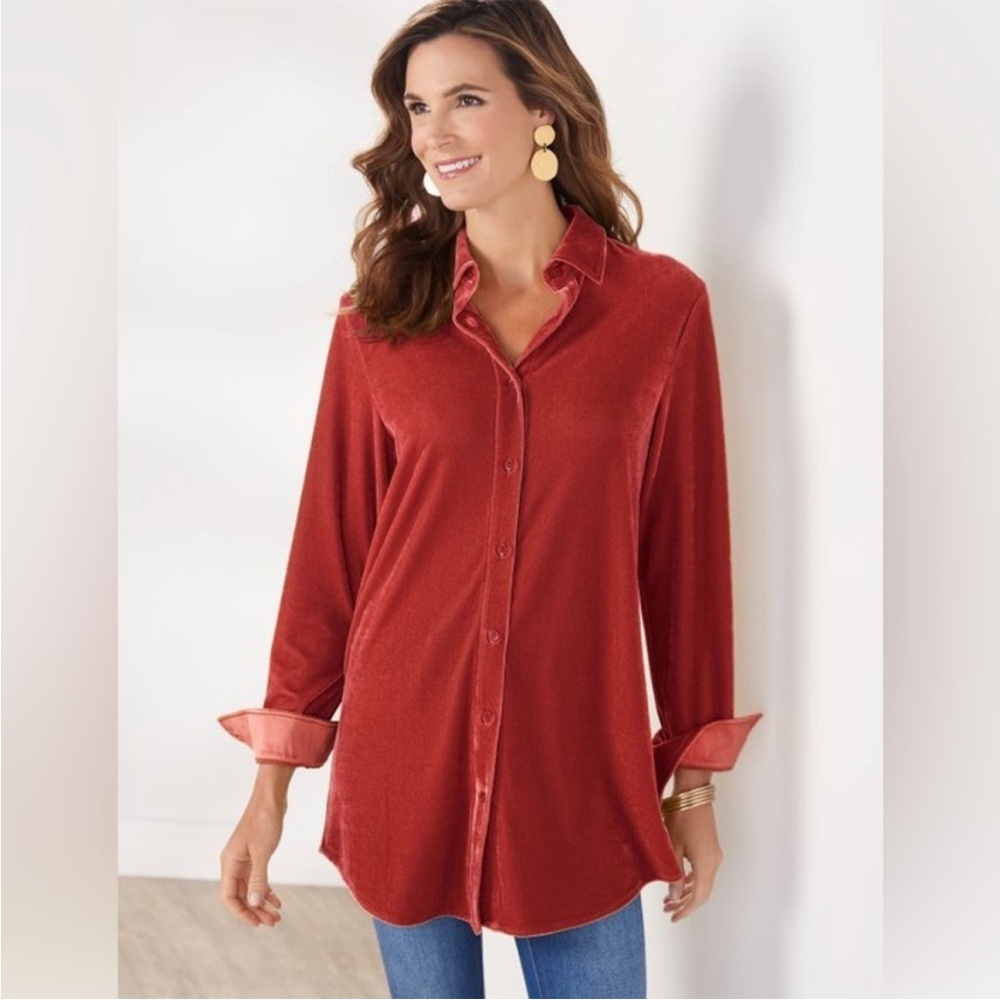 Soft Surroundings Velvet Boyfriend Button Down Tunic Shirt Garnet Large